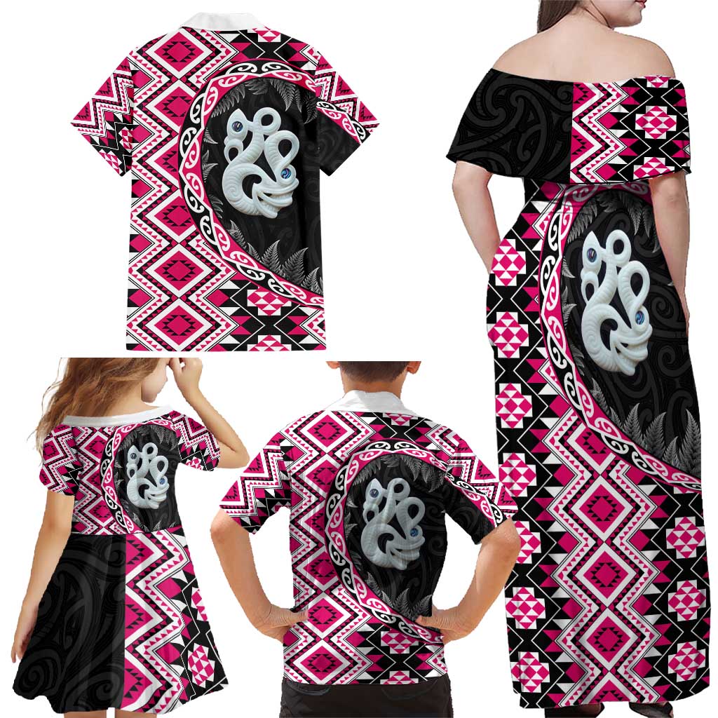 Pink Taniko Motif Aotearoa Manaia and Silver Fern Family Matching Off Shoulder Maxi Dress and Hawaiian Shirt LT03 - Polynesian Pride