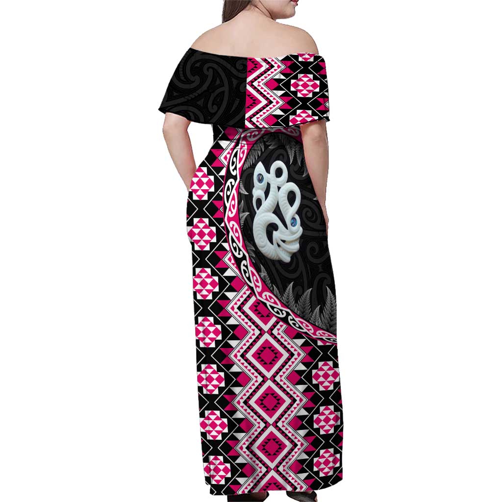 Pink Taniko Motif Aotearoa Manaia and Silver Fern Family Matching Off Shoulder Maxi Dress and Hawaiian Shirt LT03 - Polynesian Pride
