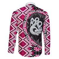 Pink Taniko Motif Aotearoa Manaia and Silver Fern Family Matching Off Shoulder Short Dress and Hawaiian Shirt LT03 - Polynesian Pride
