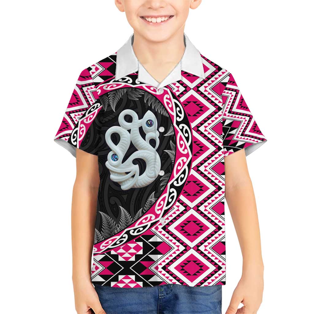 Pink Taniko Motif Aotearoa Manaia and Silver Fern Family Matching Off Shoulder Short Dress and Hawaiian Shirt LT03 Son's Shirt Pink - Polynesian Pride