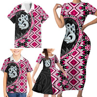 Pink Taniko Motif Aotearoa Manaia and Silver Fern Family Matching Short Sleeve Bodycon Dress and Hawaiian Shirt LT03 - Polynesian Pride