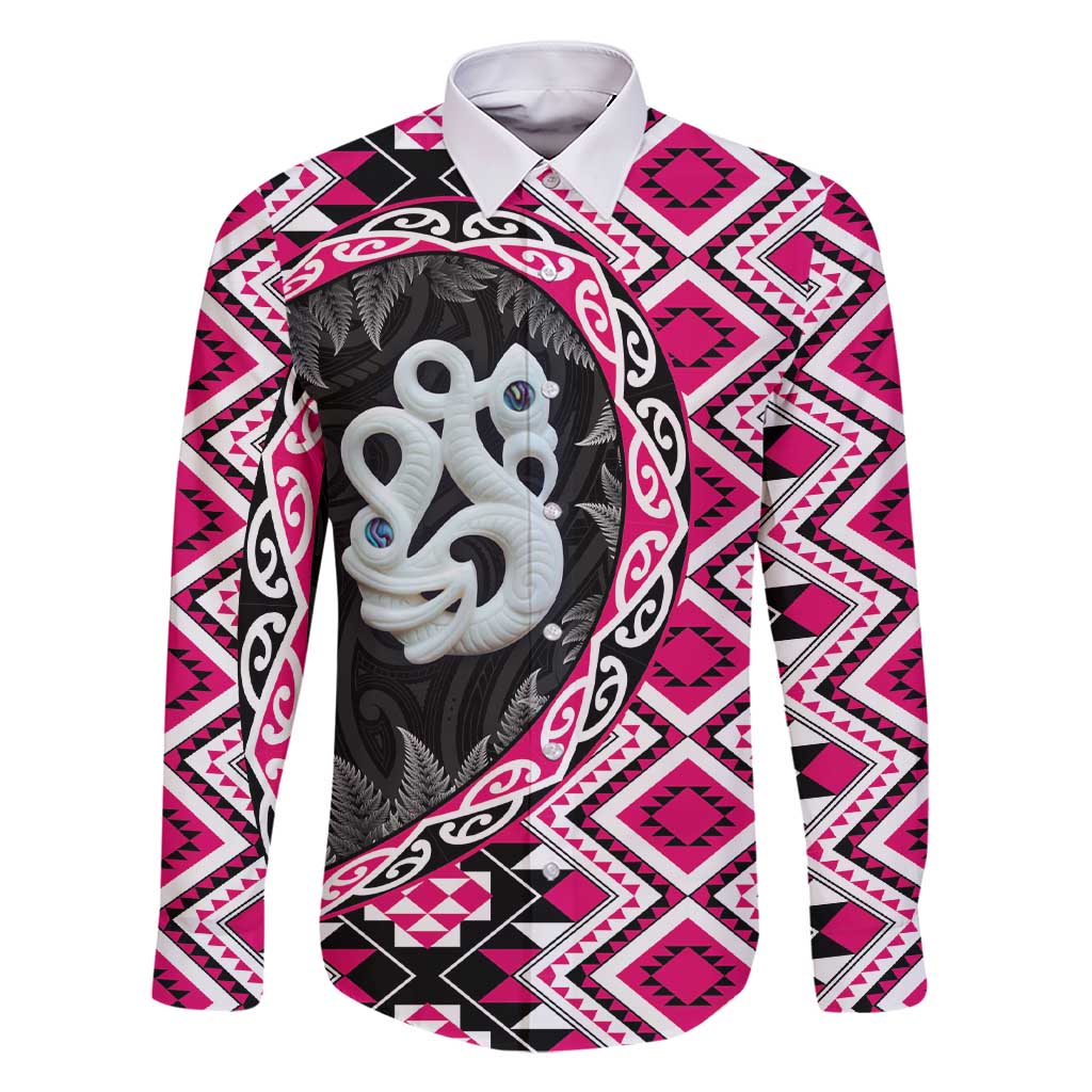 Pink Taniko Motif Aotearoa Manaia and Silver Fern Family Matching Short Sleeve Bodycon Dress and Hawaiian Shirt LT03 Dad's Shirt - Long Sleeve Pink - Polynesian Pride