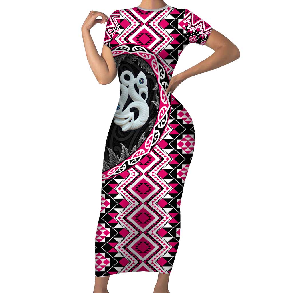 Pink Taniko Motif Aotearoa Manaia and Silver Fern Family Matching Short Sleeve Bodycon Dress and Hawaiian Shirt LT03 Mom's Dress Pink - Polynesian Pride