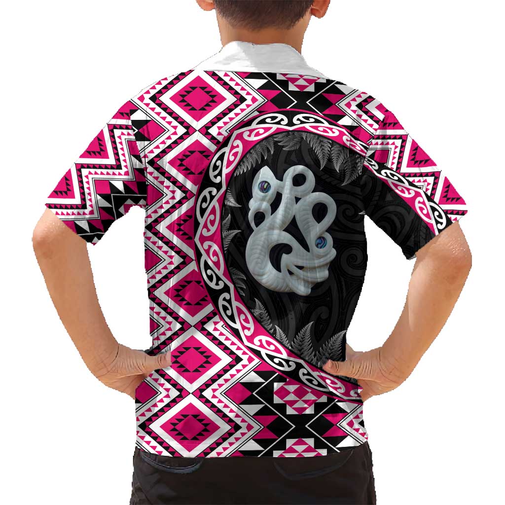 Pink Taniko Motif Aotearoa Manaia and Silver Fern Family Matching Summer Maxi Dress and Hawaiian Shirt LT03 - Polynesian Pride