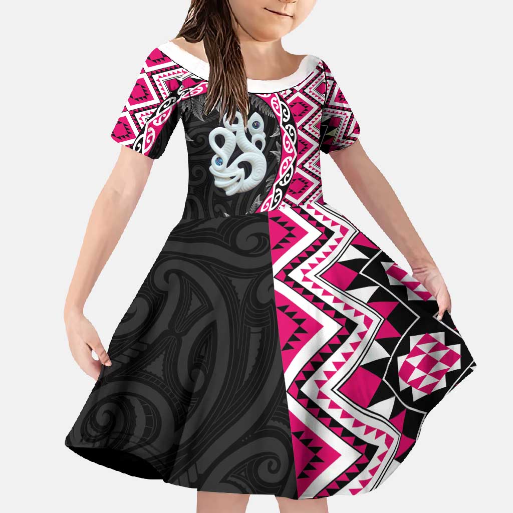 Pink Taniko Motif Aotearoa Manaia and Silver Fern Family Matching Summer Maxi Dress and Hawaiian Shirt LT03 Daughter's Dress Pink - Polynesian Pride