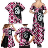 Pink Taniko Motif Aotearoa Manaia and Silver Fern Family Matching Summer Maxi Dress and Hawaiian Shirt LT03 - Polynesian Pride