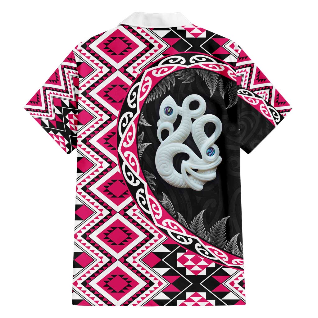 Pink Taniko Motif Aotearoa Manaia and Silver Fern Family Matching Summer Maxi Dress and Hawaiian Shirt LT03 - Polynesian Pride