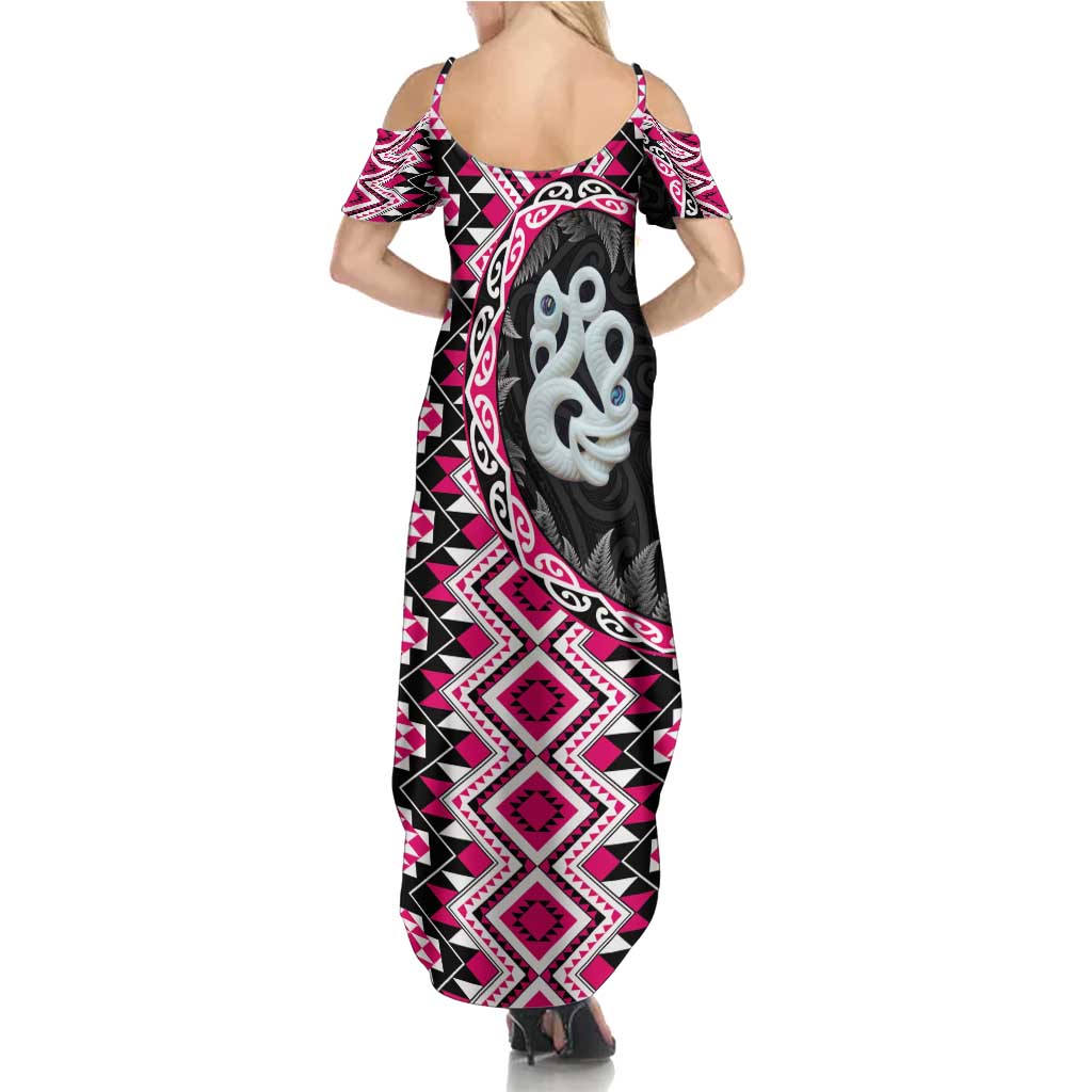 Pink Taniko Motif Aotearoa Manaia and Silver Fern Family Matching Summer Maxi Dress and Hawaiian Shirt LT03 - Polynesian Pride