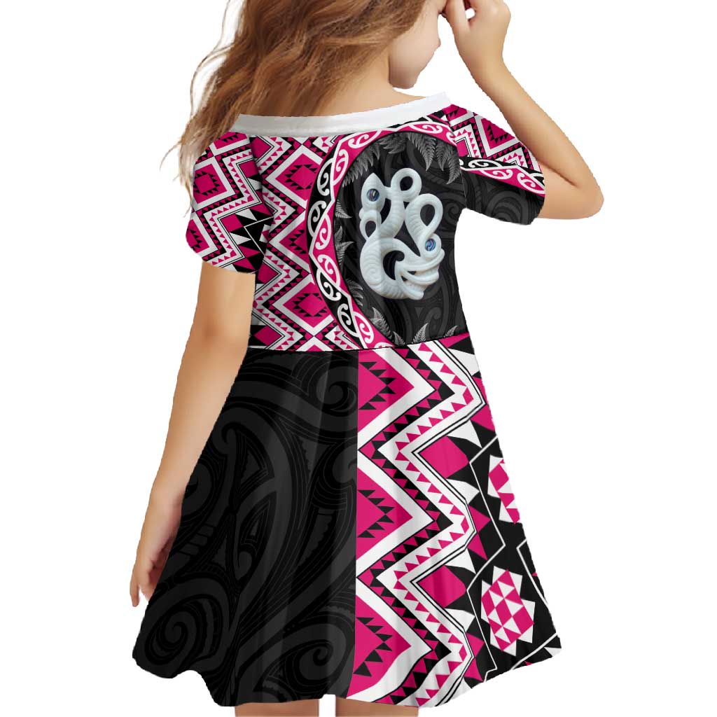 Pink Taniko Motif Aotearoa Manaia and Silver Fern Family Matching Tank Maxi Dress and Hawaiian Shirt LT03 - Polynesian Pride