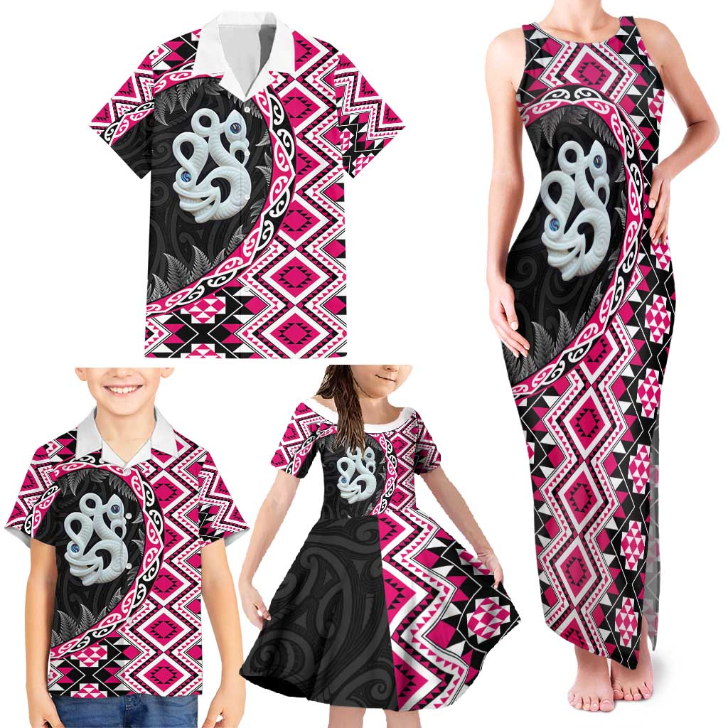 Pink Taniko Motif Aotearoa Manaia and Silver Fern Family Matching Tank Maxi Dress and Hawaiian Shirt LT03 - Polynesian Pride