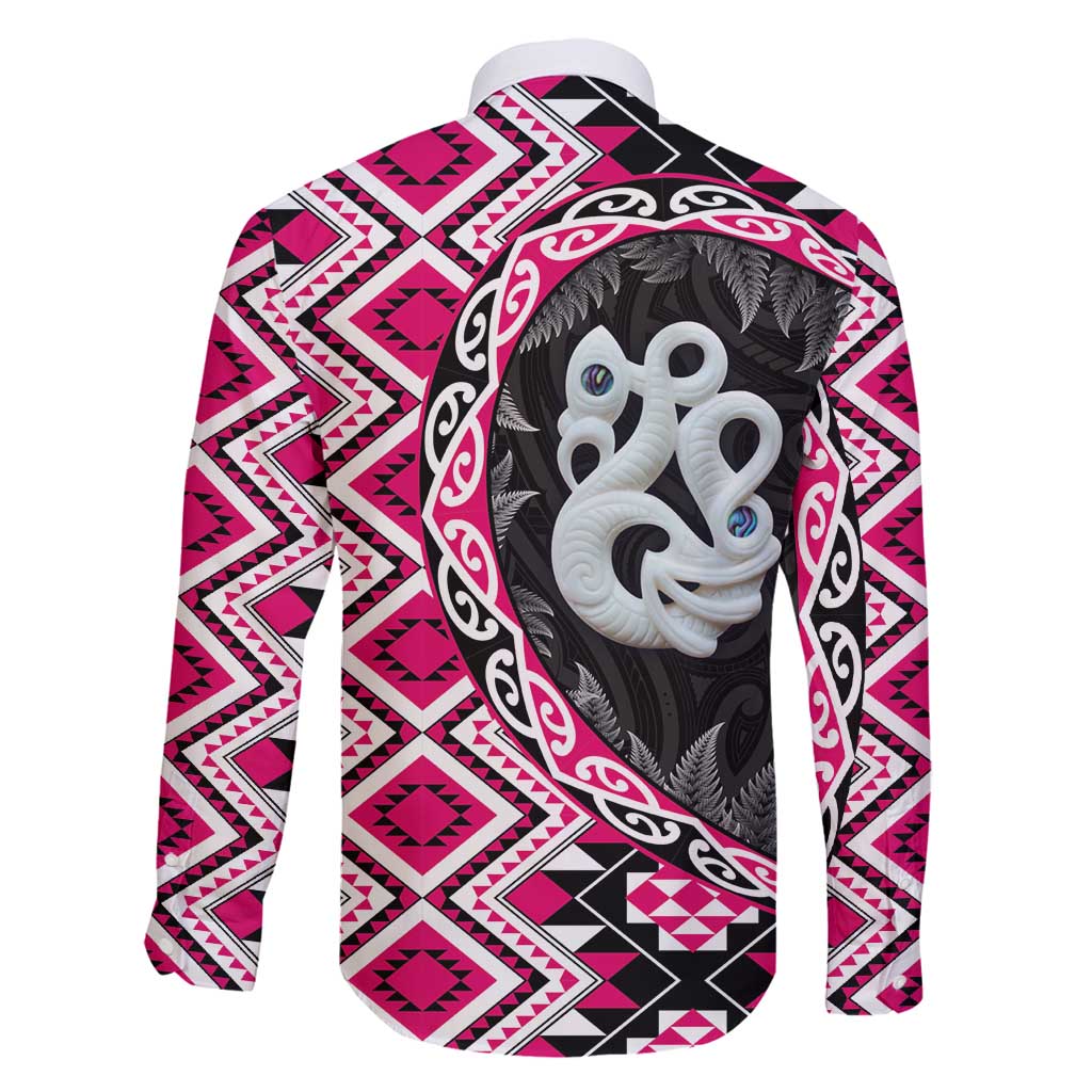 Pink Taniko Motif Aotearoa Manaia and Silver Fern Family Matching Tank Maxi Dress and Hawaiian Shirt LT03 - Polynesian Pride