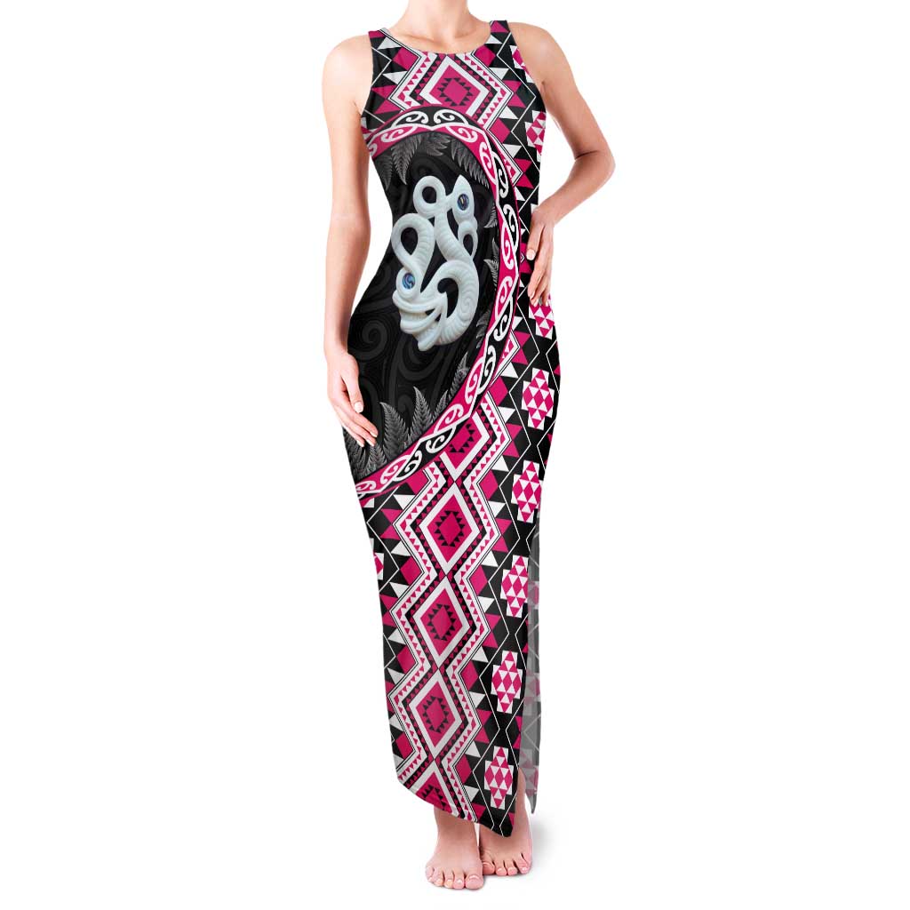 Pink Taniko Motif Aotearoa Manaia and Silver Fern Family Matching Tank Maxi Dress and Hawaiian Shirt LT03 Mom's Dress Pink - Polynesian Pride