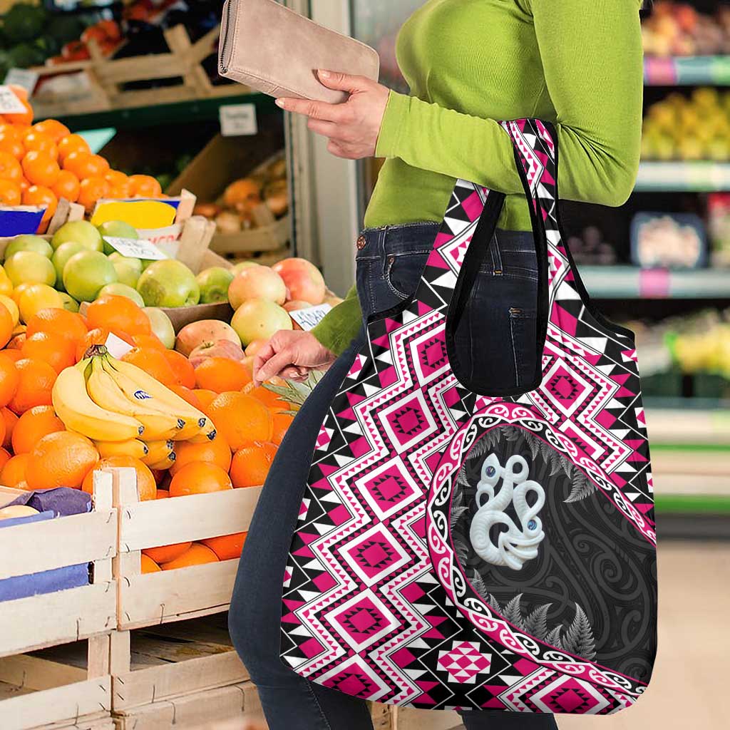 Pink Taniko Motif Aotearoa Manaia and Silver Fern Grocery Bag