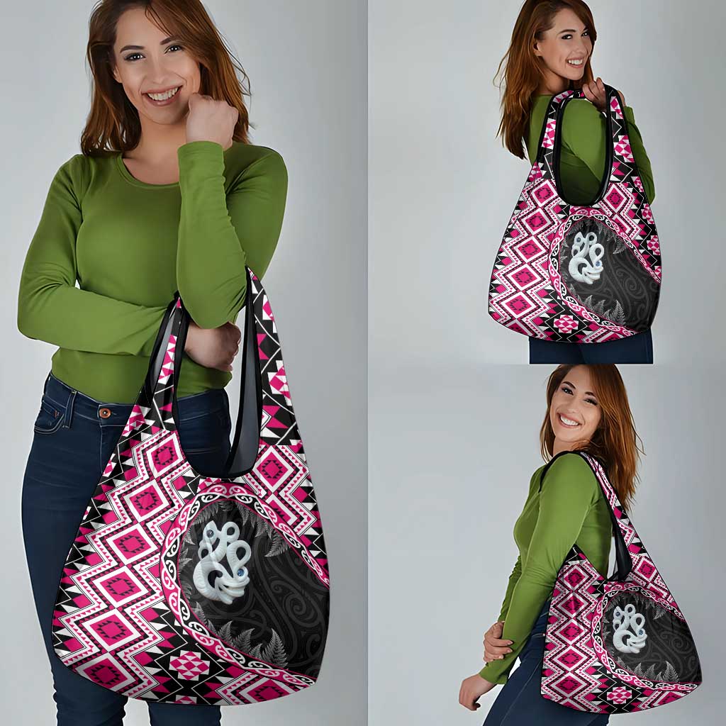 Pink Taniko Motif Aotearoa Manaia and Silver Fern Grocery Bag