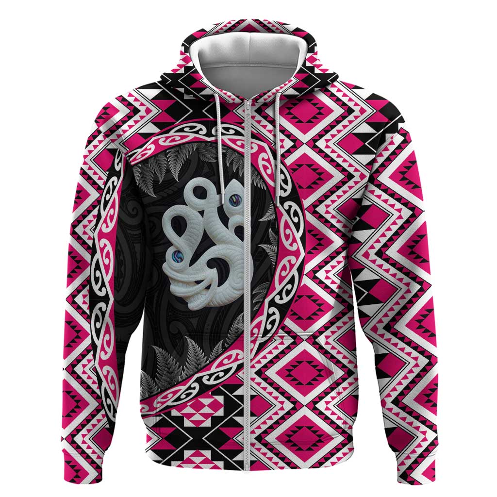 Pink Taniko Motif Aotearoa Manaia and Silver Fern Hoodie