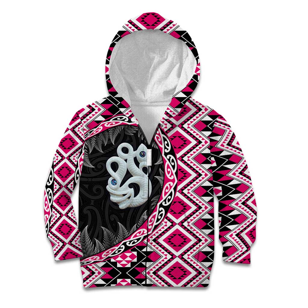 Pink Taniko Motif Aotearoa Manaia and Silver Fern Kid Hoodie