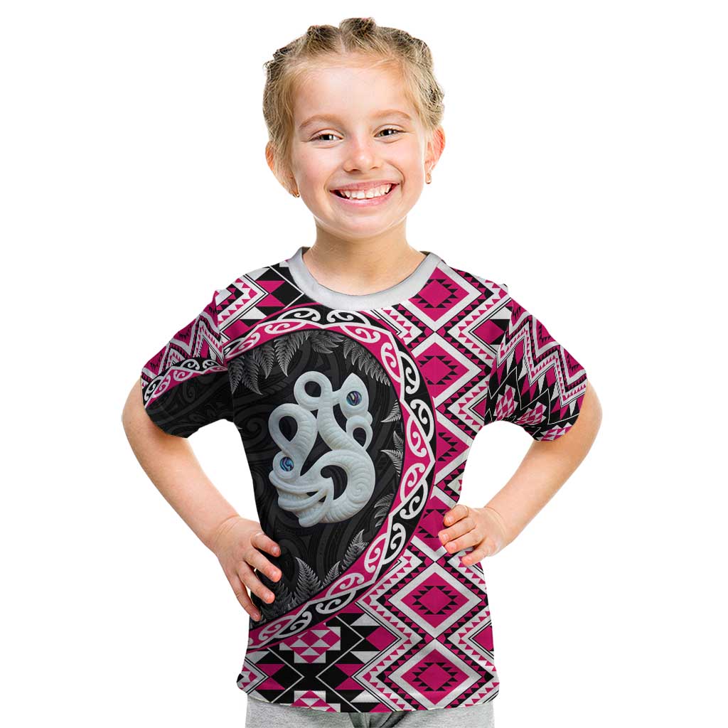 Pink Taniko Motif Aotearoa Manaia and Silver Fern Kid T Shirt LT03 Pink - Polynesian Pride