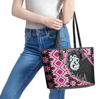 Pink Taniko Motif Aotearoa Manaia and Silver Fern Leather Tote Bag