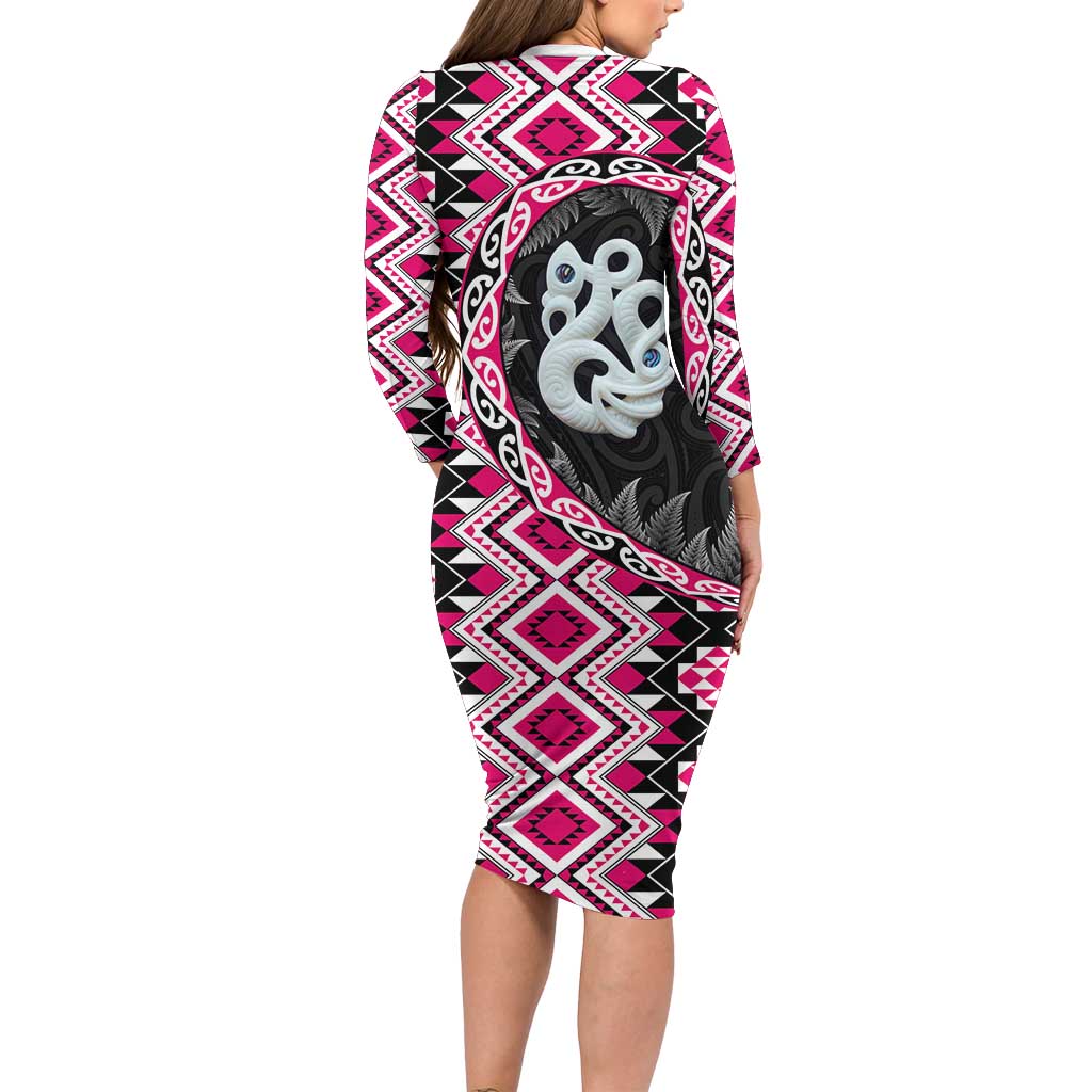 Pink Taniko Motif Aotearoa Manaia and Silver Fern Long Sleeve Bodycon Dress