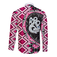 Pink Taniko Motif Aotearoa Manaia and Silver Fern Long Sleeve Button Shirt