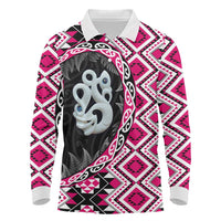 Pink Taniko Motif Aotearoa Manaia and Silver Fern Long Sleeve Polo Shirt LT03 Pink - Polynesian Pride