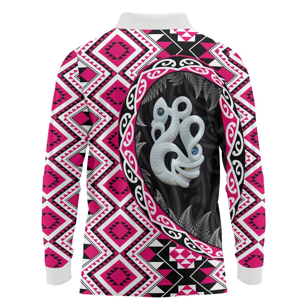Pink Taniko Motif Aotearoa Manaia and Silver Fern Long Sleeve Polo Shirt LT03 - Polynesian Pride