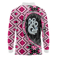 Pink Taniko Motif Aotearoa Manaia and Silver Fern Long Sleeve Polo Shirt LT03 - Polynesian Pride