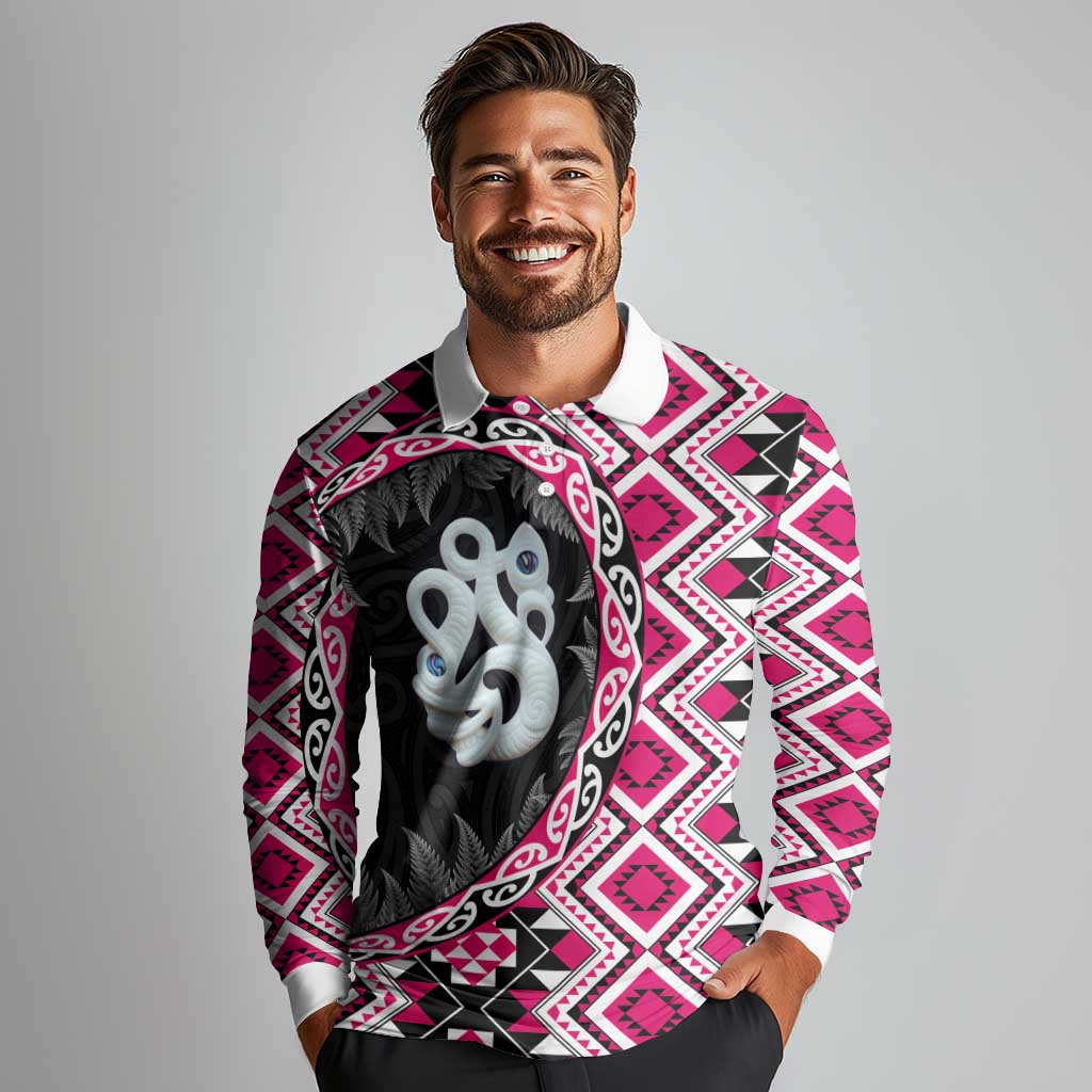 Pink Taniko Motif Aotearoa Manaia and Silver Fern Long Sleeve Polo Shirt LT03 - Polynesian Pride
