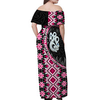 Pink Taniko Motif Aotearoa Manaia and Silver Fern Off Shoulder Maxi Dress