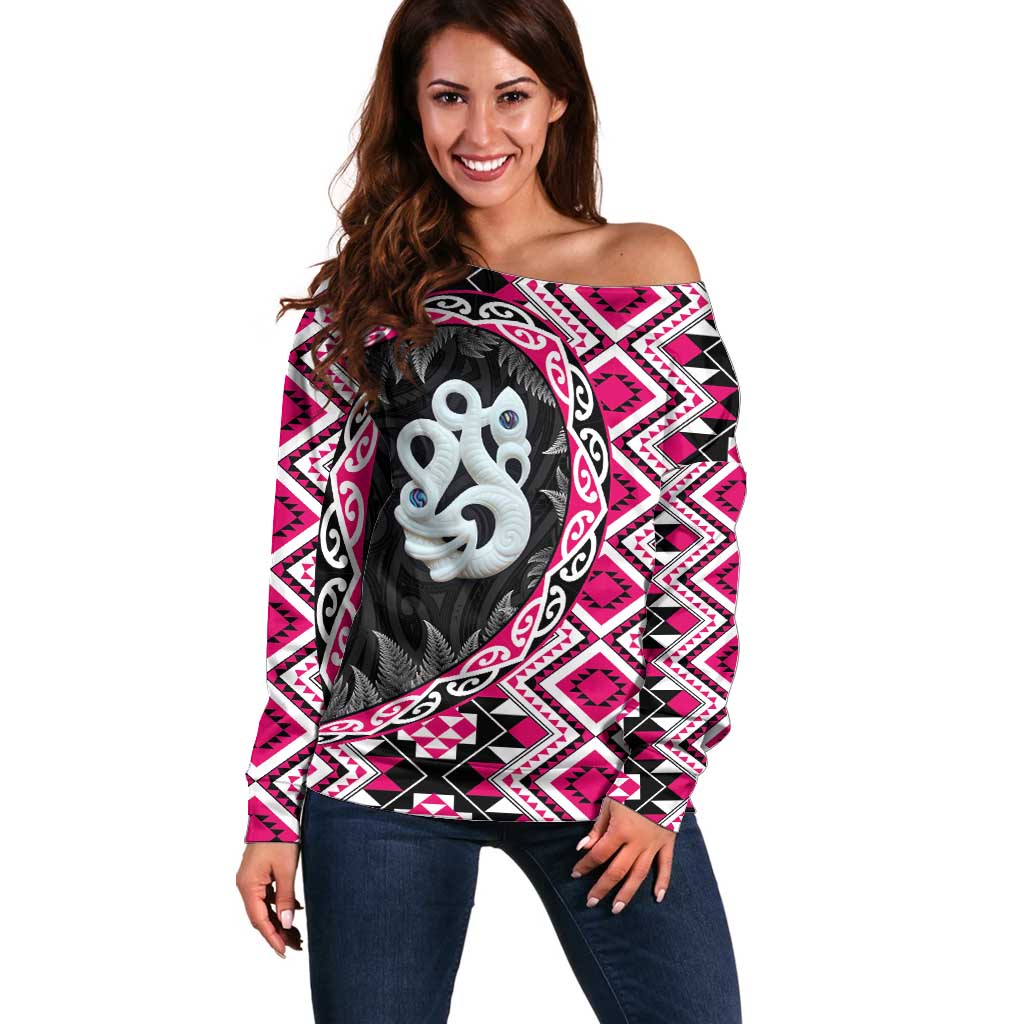 Pink Taniko Motif Aotearoa Manaia and Silver Fern Off Shoulder Sweater