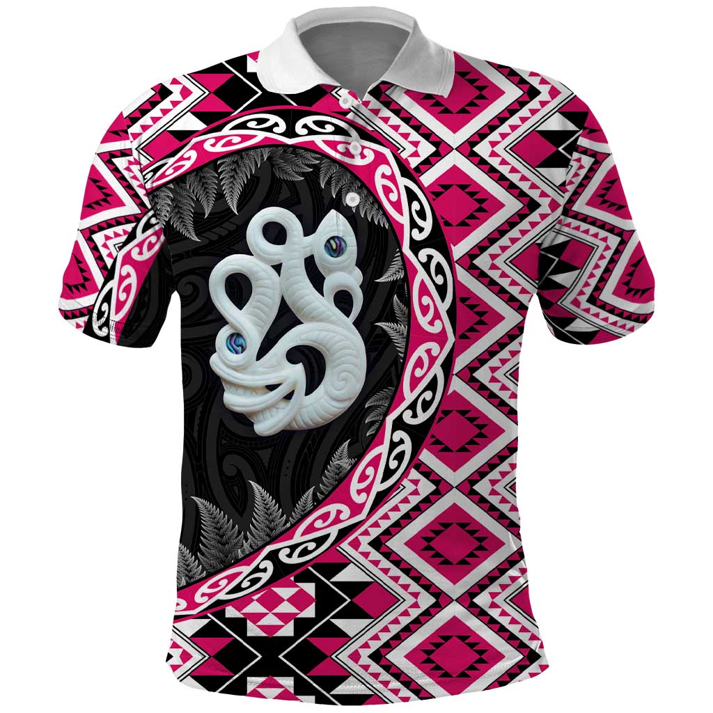 Pink Taniko Motif Aotearoa Manaia and Silver Fern Polo Shirt