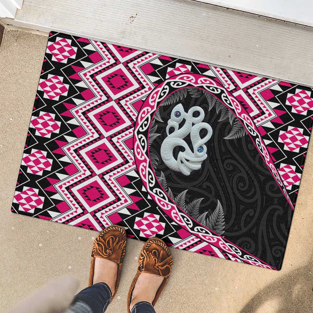 Pink Taniko Motif Aotearoa Manaia and Silver Fern Rubber Doormat