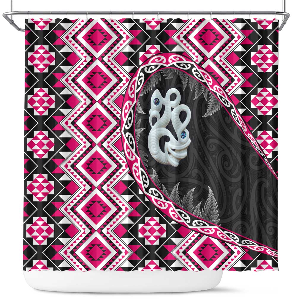 Pink Taniko Motif Aotearoa Manaia and Silver Fern Shower Curtain