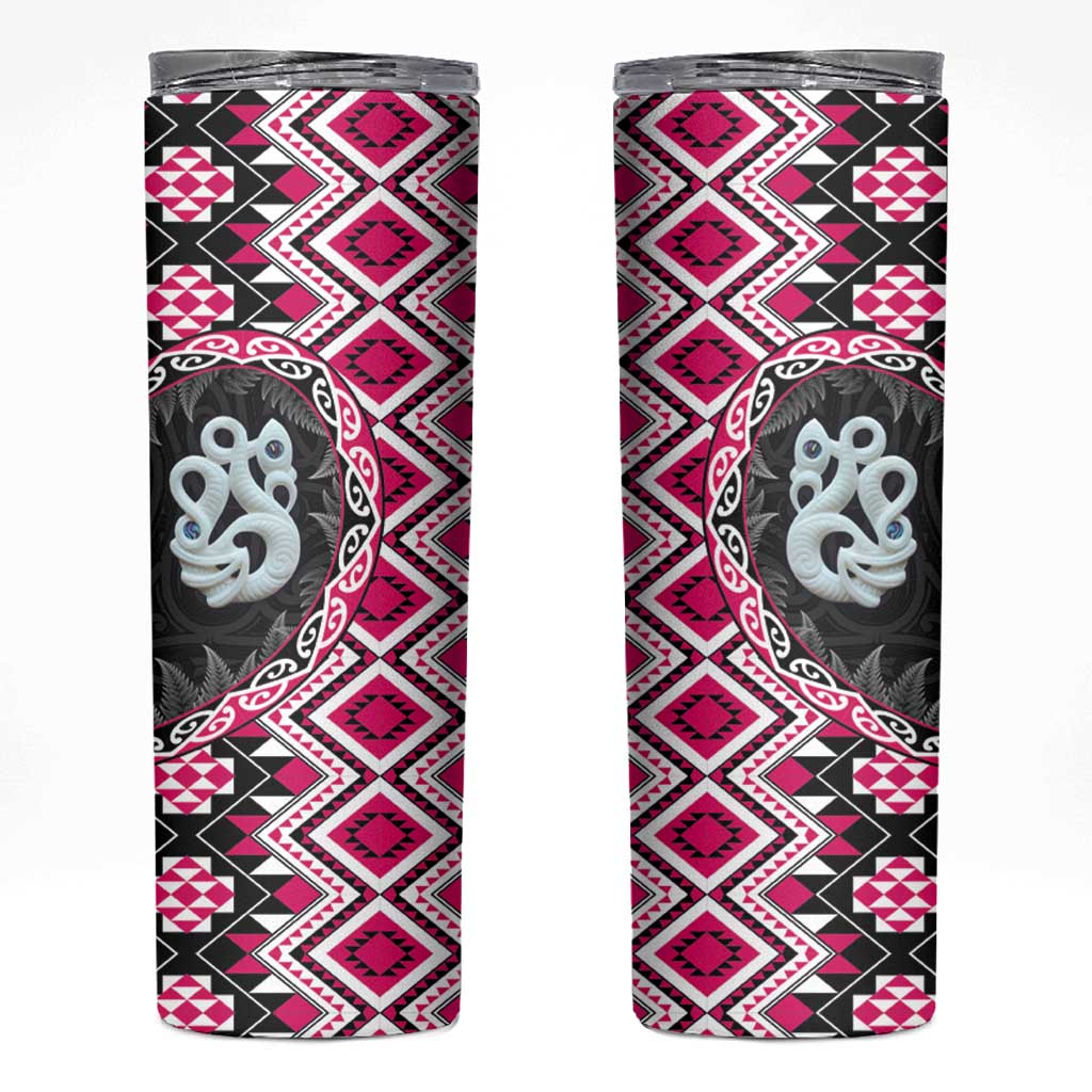 Pink Taniko Motif Aotearoa Manaia and Silver Fern Skinny Tumbler LT03 Pink - Polynesian Pride