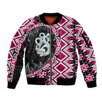 Pink Taniko Motif Aotearoa Manaia and Silver Fern Sleeve Zip Bomber Jacket