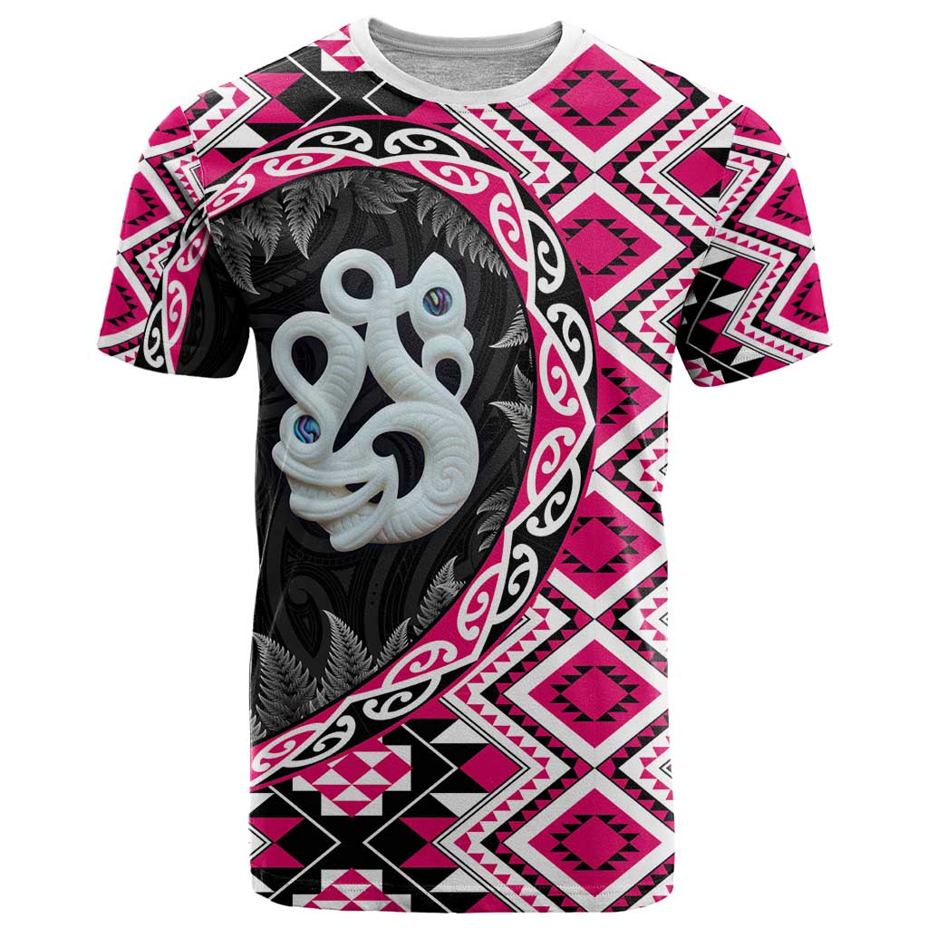Pink Taniko Motif Aotearoa Manaia and Silver Fern T Shirt LT03 Pink - Polynesian Pride