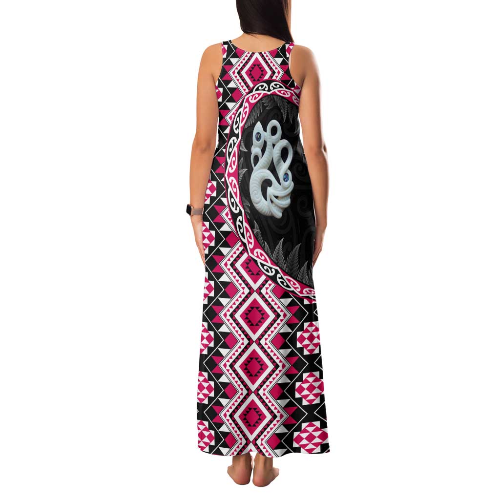 Pink Taniko Motif Aotearoa Manaia and Silver Fern Tank Maxi Dress
