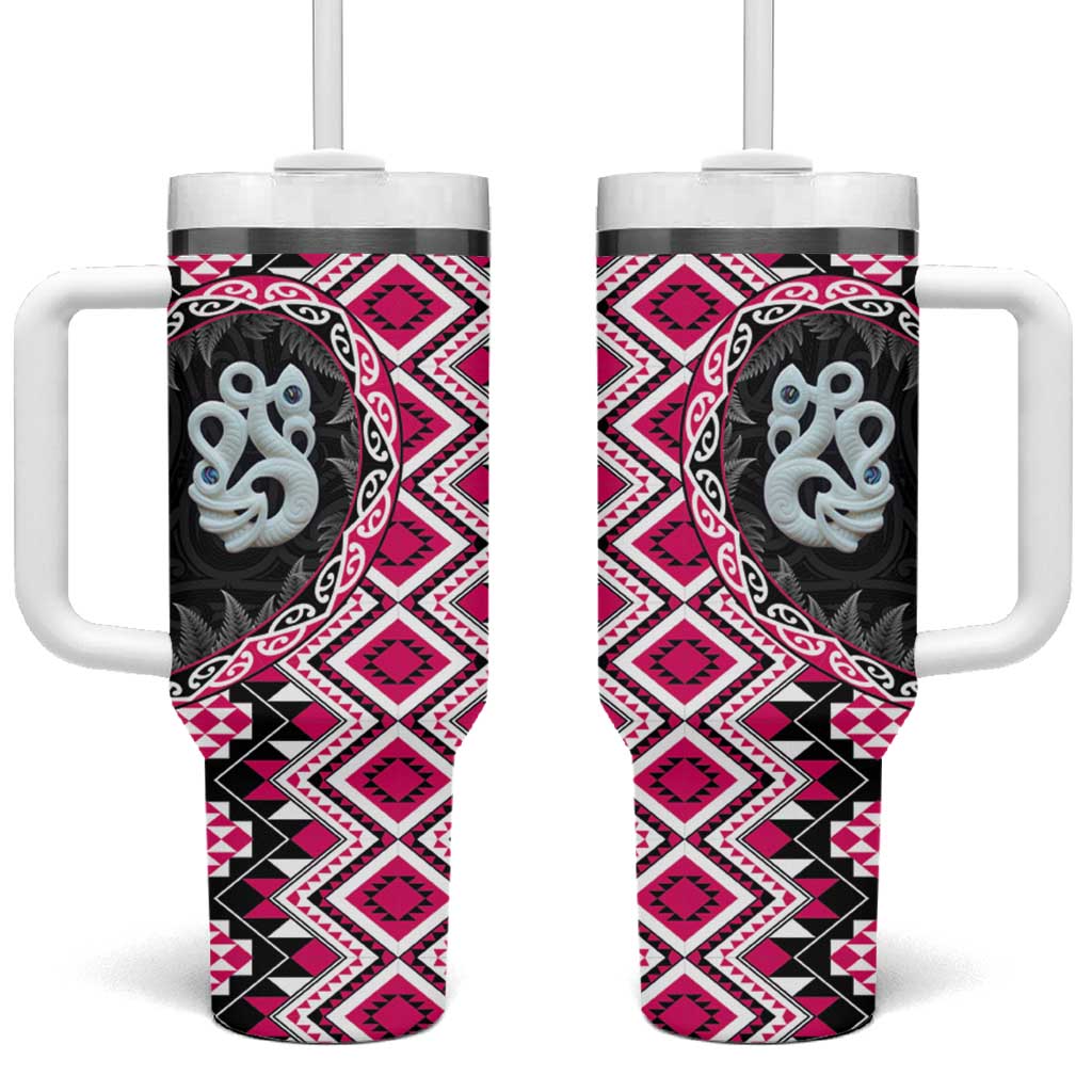 Pink Taniko Motif Aotearoa Manaia and Silver Fern Tumbler With Handle LT03 One Size: 40 oz Pink - Polynesian Pride