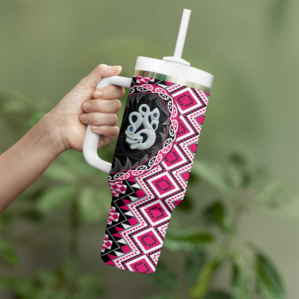 Pink Taniko Motif Aotearoa Manaia and Silver Fern Tumbler With Handle LT03 - Polynesian Pride