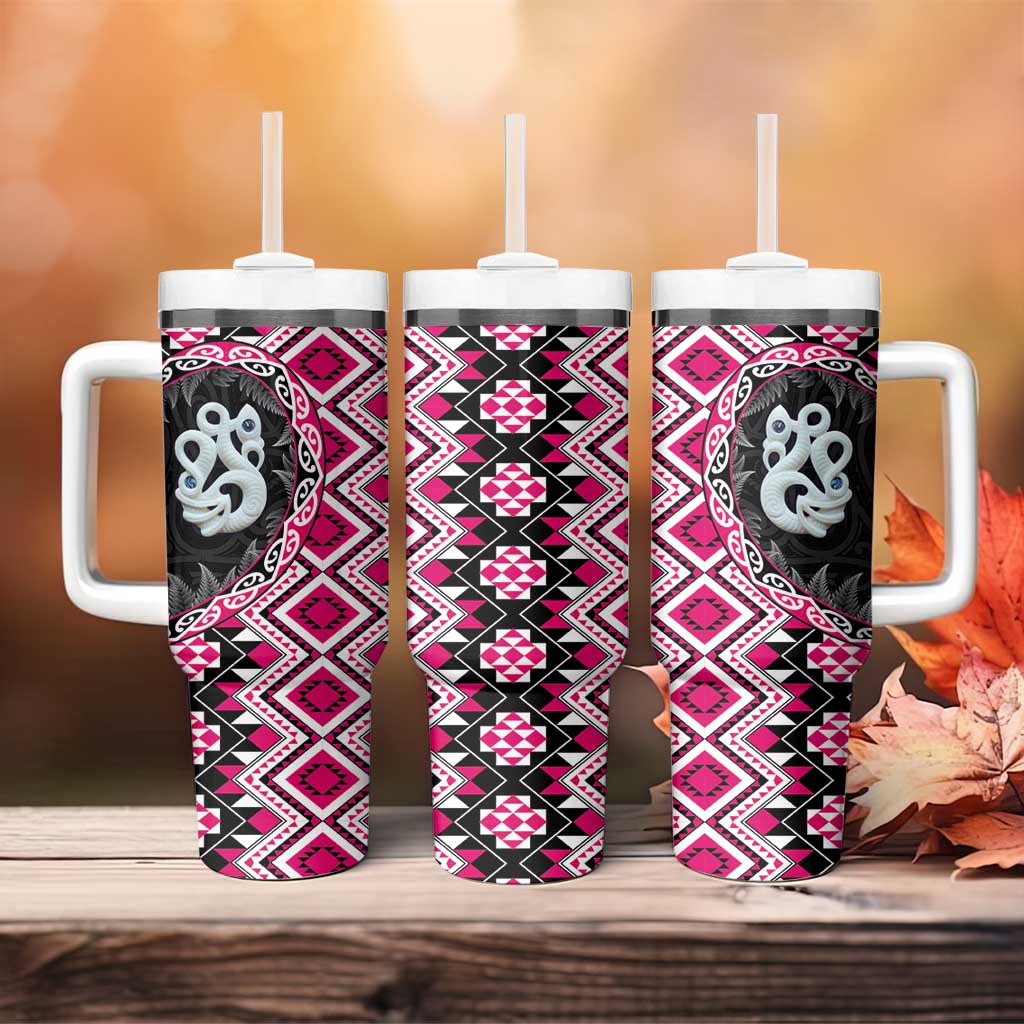 Pink Taniko Motif Aotearoa Manaia and Silver Fern Tumbler With Handle LT03 - Polynesian Pride