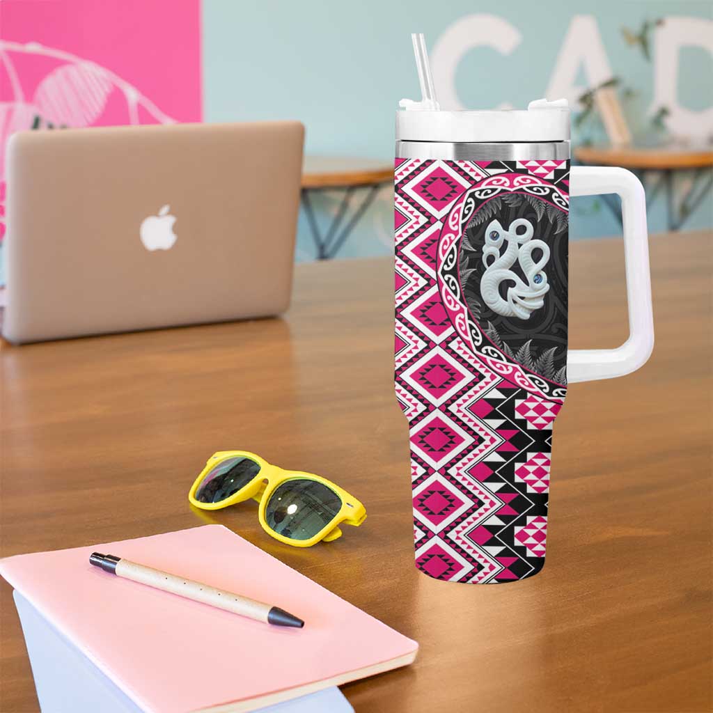 Pink Taniko Motif Aotearoa Manaia and Silver Fern Tumbler With Handle LT03 - Polynesian Pride