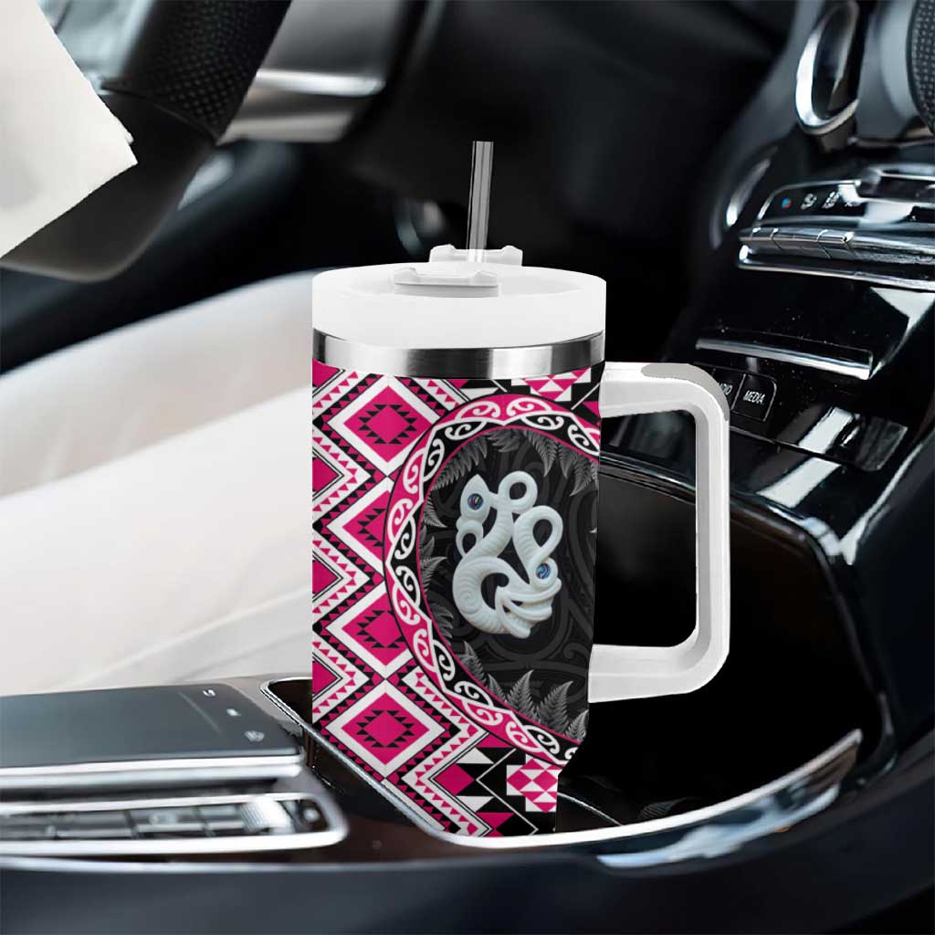 Pink Taniko Motif Aotearoa Manaia and Silver Fern Tumbler With Handle LT03 - Polynesian Pride