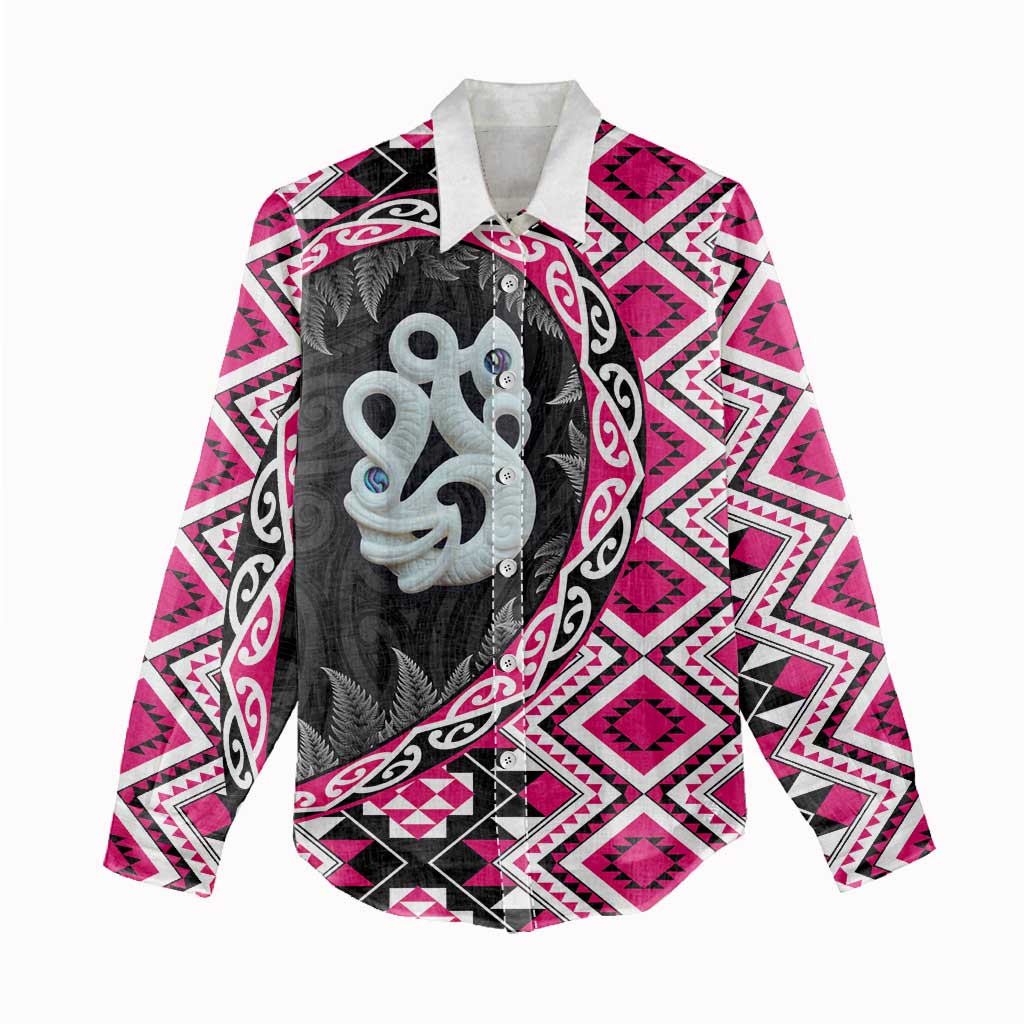 Pink Taniko Motif Aotearoa Manaia and Silver Fern Women Casual Shirt LT03 - Polynesian Pride
