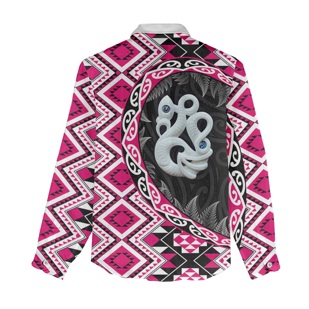 Pink Taniko Motif Aotearoa Manaia and Silver Fern Women Casual Shirt LT03 - Polynesian Pride