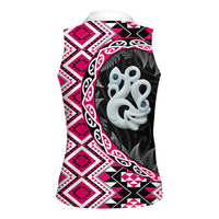 Pink Taniko Motif Aotearoa Manaia and Silver Fern Women Sleeveless Polo Shirt LT03 - Polynesian Pride