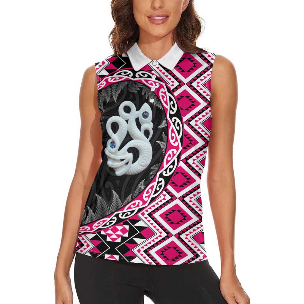 Pink Taniko Motif Aotearoa Manaia and Silver Fern Women Sleeveless Polo Shirt LT03 - Polynesian Pride
