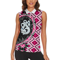 Pink Taniko Motif Aotearoa Manaia and Silver Fern Women Sleeveless Polo Shirt LT03 - Polynesian Pride