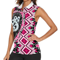 Pink Taniko Motif Aotearoa Manaia and Silver Fern Women Sleeveless Polo Shirt LT03 - Polynesian Pride