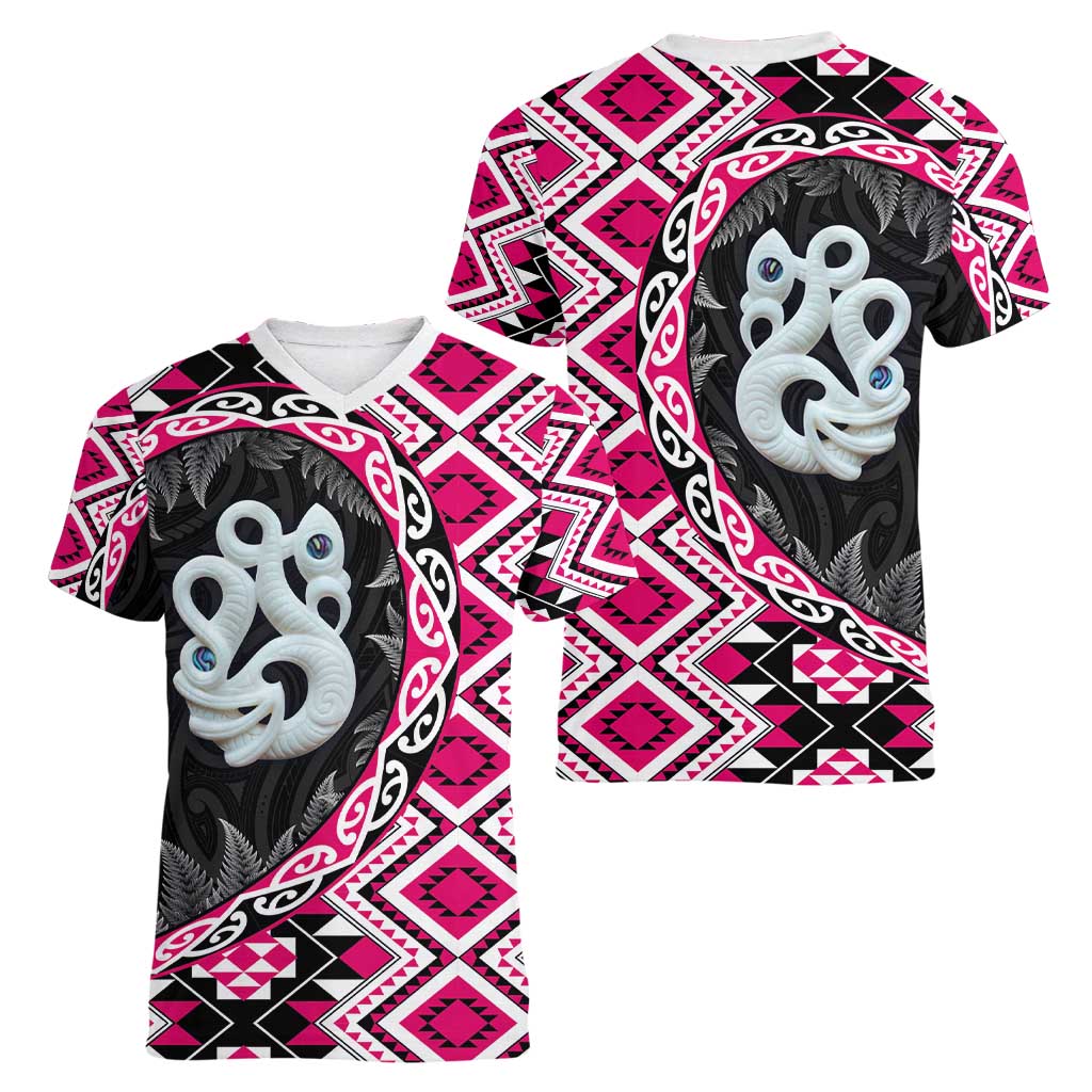 Pink Taniko Motif Aotearoa Manaia and Silver Fern Women V-Neck T-Shirt LT03 - Polynesian Pride