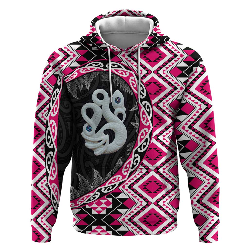 Pink Taniko Motif Aotearoa Manaia and Silver Fern Zip Hoodie